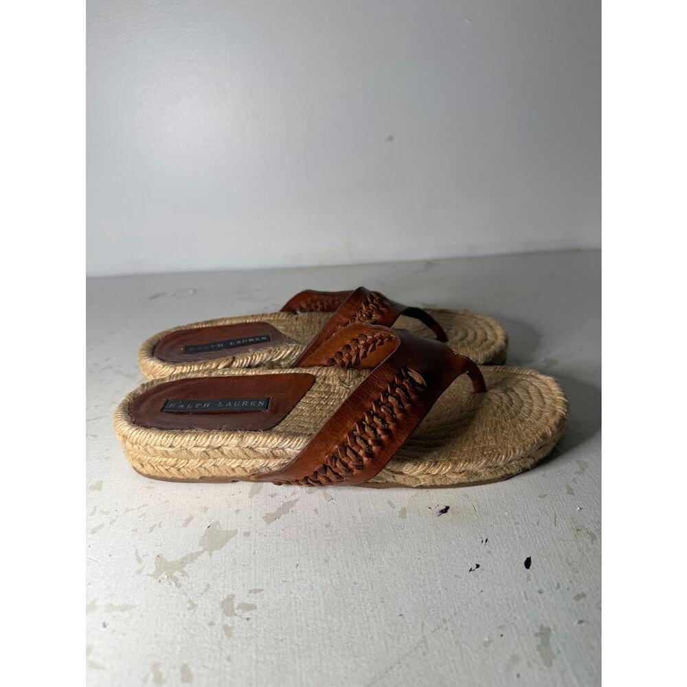 Ralph Lauren Brown Leather Jute Espadrille Thong Sandals Italy Blue Label 8.5 B - Picture 3 of 8